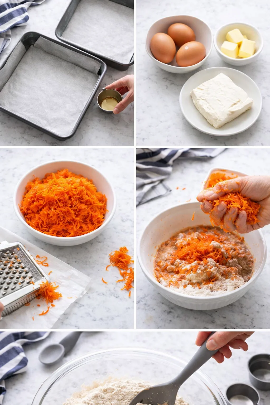 collage of carrot-batter-prep with parchment-lined pans, eggs, butter, cream cheese, and shredded carrots.