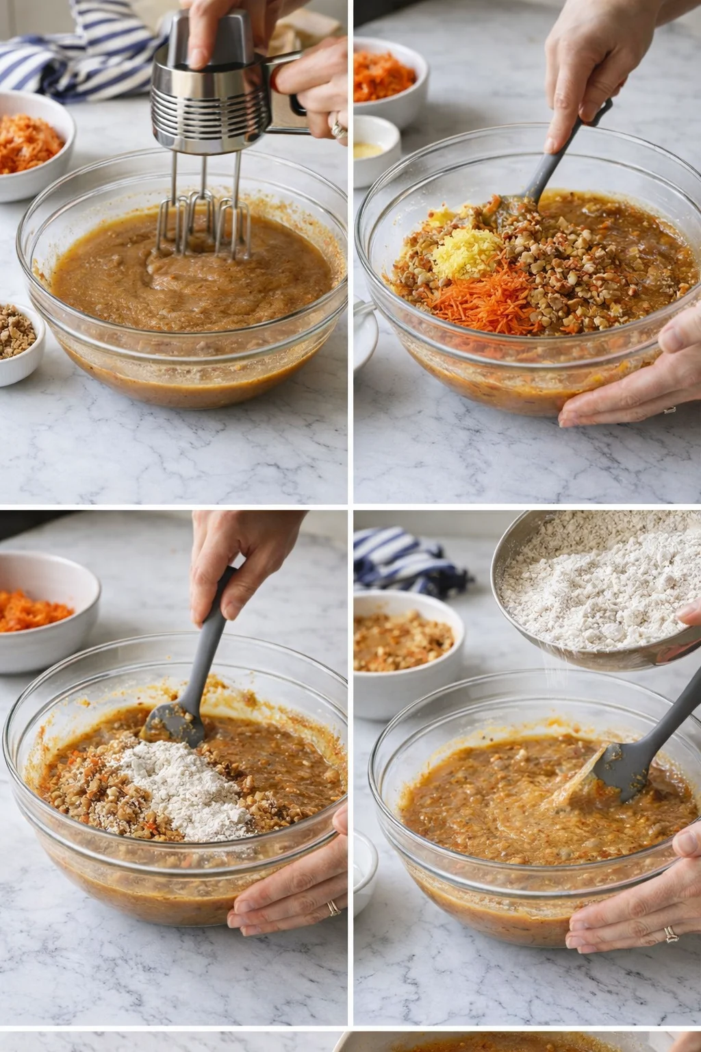 Collage of hands mixing batter, adding carrots and nuts in glass bowls on a marble countertop.