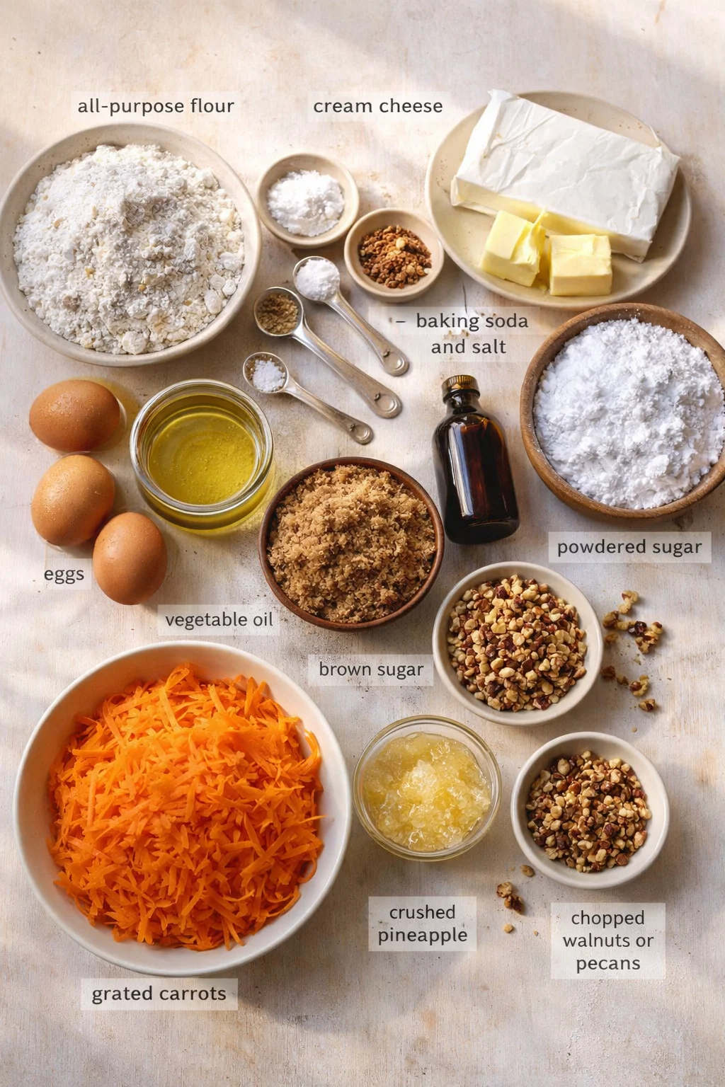 top-down flatlay of carrot cake ingredients labeled on a light background