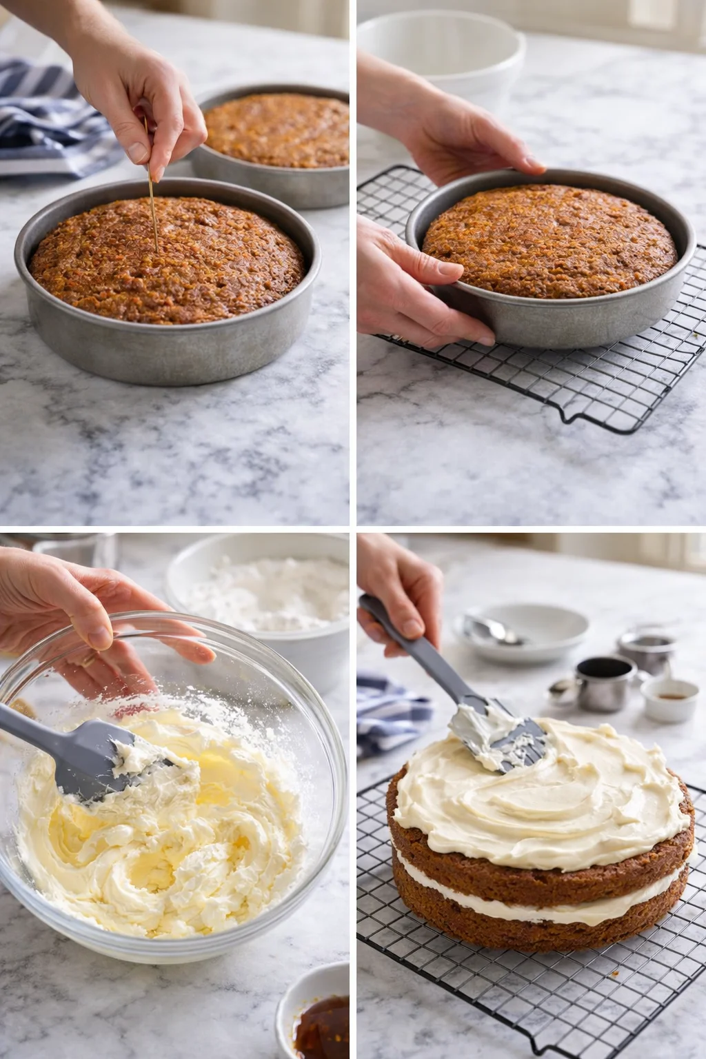 four-panel collage showing carrot cake being tested, cooled, frosted with cream cheese, and layered on a wire rack