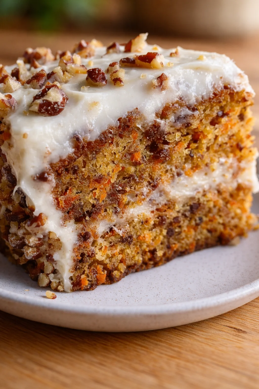 A close-up of a slice of carrot cake with cream cheese frosting and chopped nuts on a beige plate.
