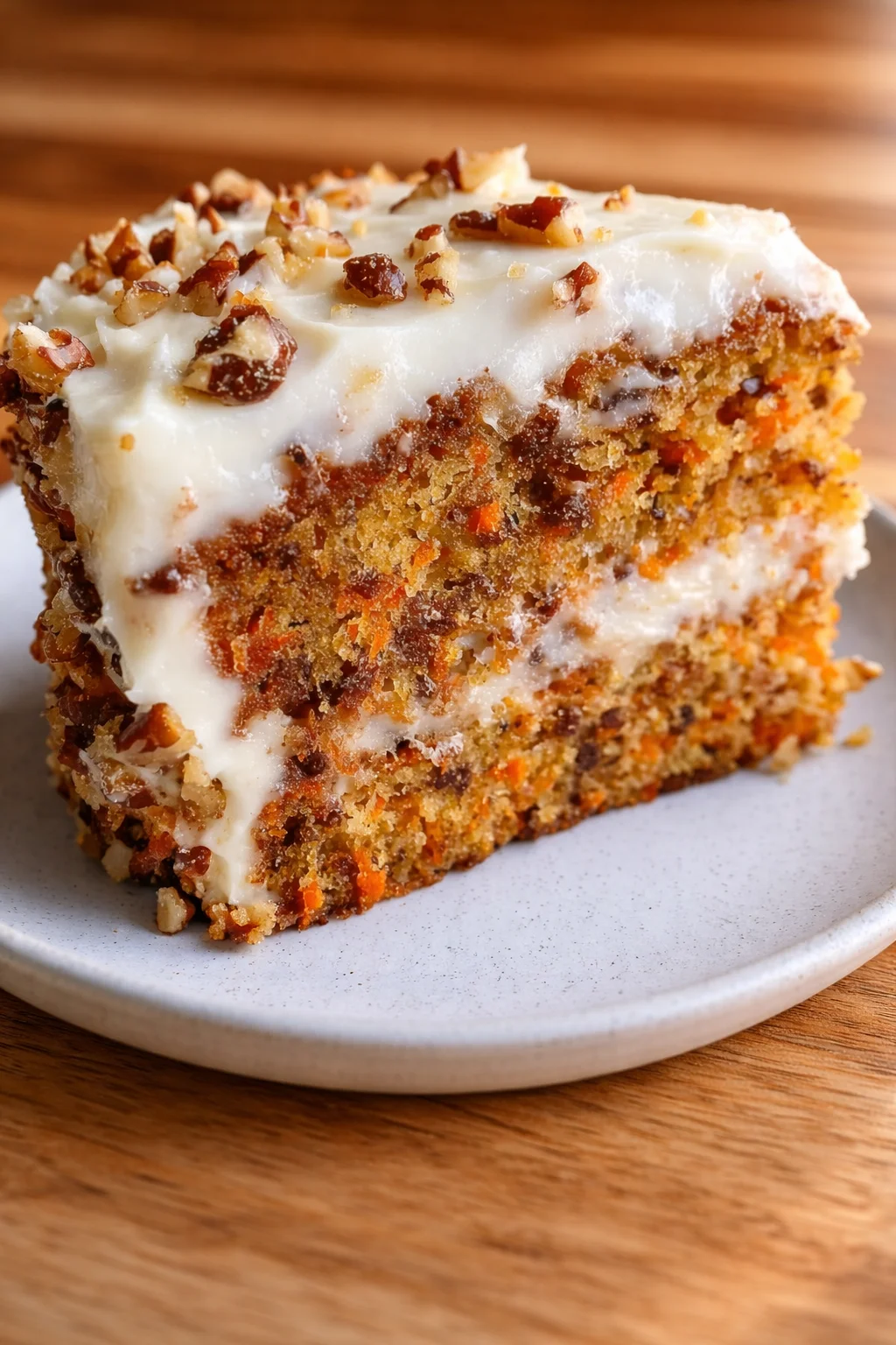 Close-up of carrot cake slice with cream cheese frosting and chopped nuts on a white plate.