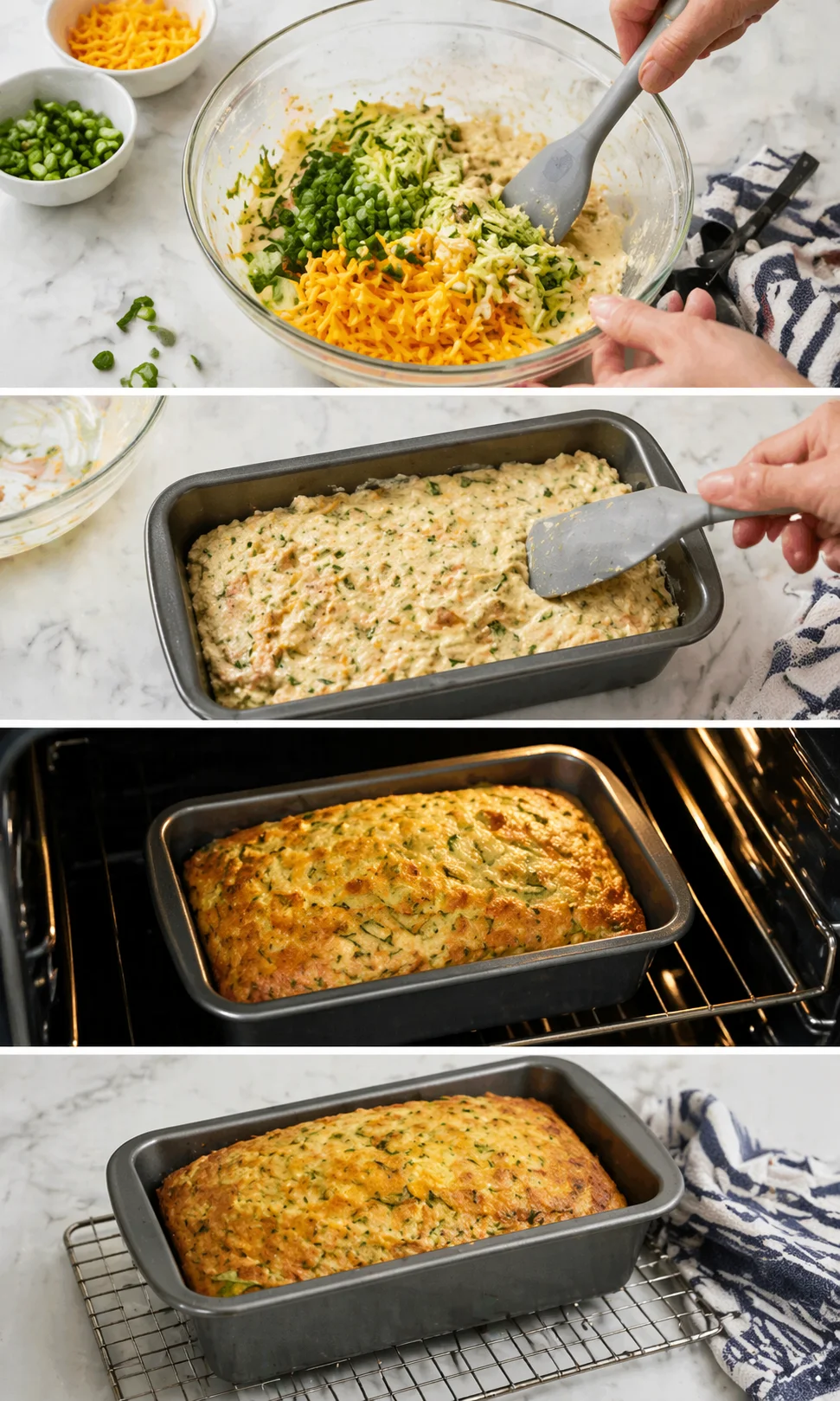 Step-by-step collage showing mixing, filling, and baking cheesy herb bread.