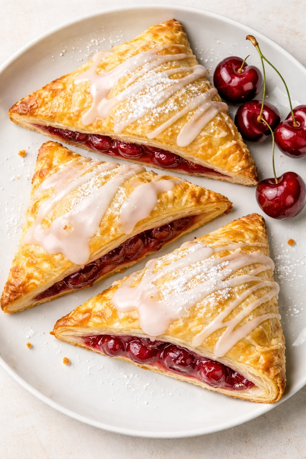 three golden pastry turnovers with cherry filling on a white plate, drizzled with icing and fresh cherries nearby