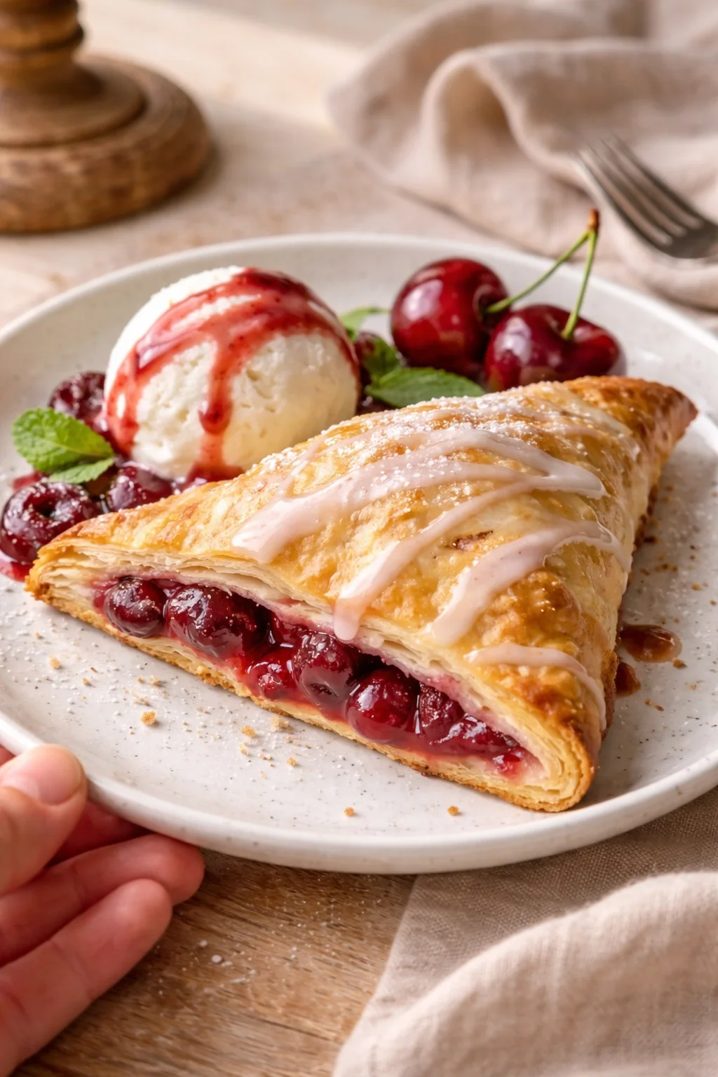 Flaky cherry-filled puff pastry beside vanilla ice cream with cherry toppings on a plate.