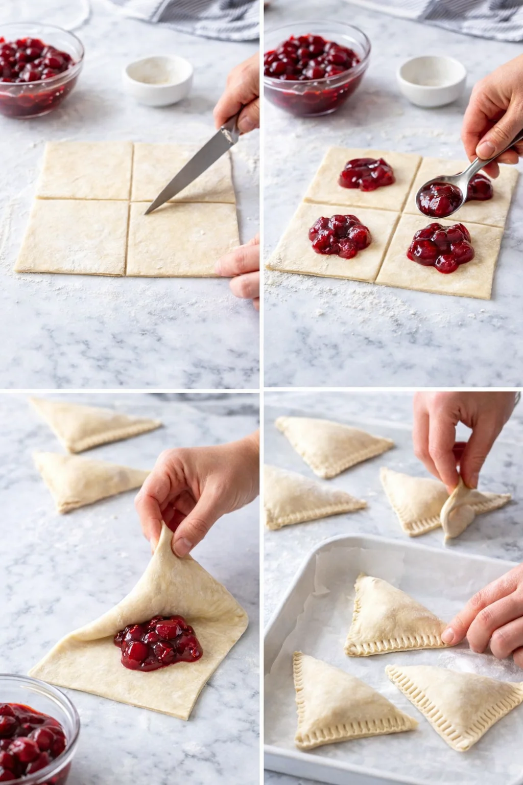 Four-panel collage showing assembling cherry-filled puff pastry triangles on a flour-dusted marble surface.