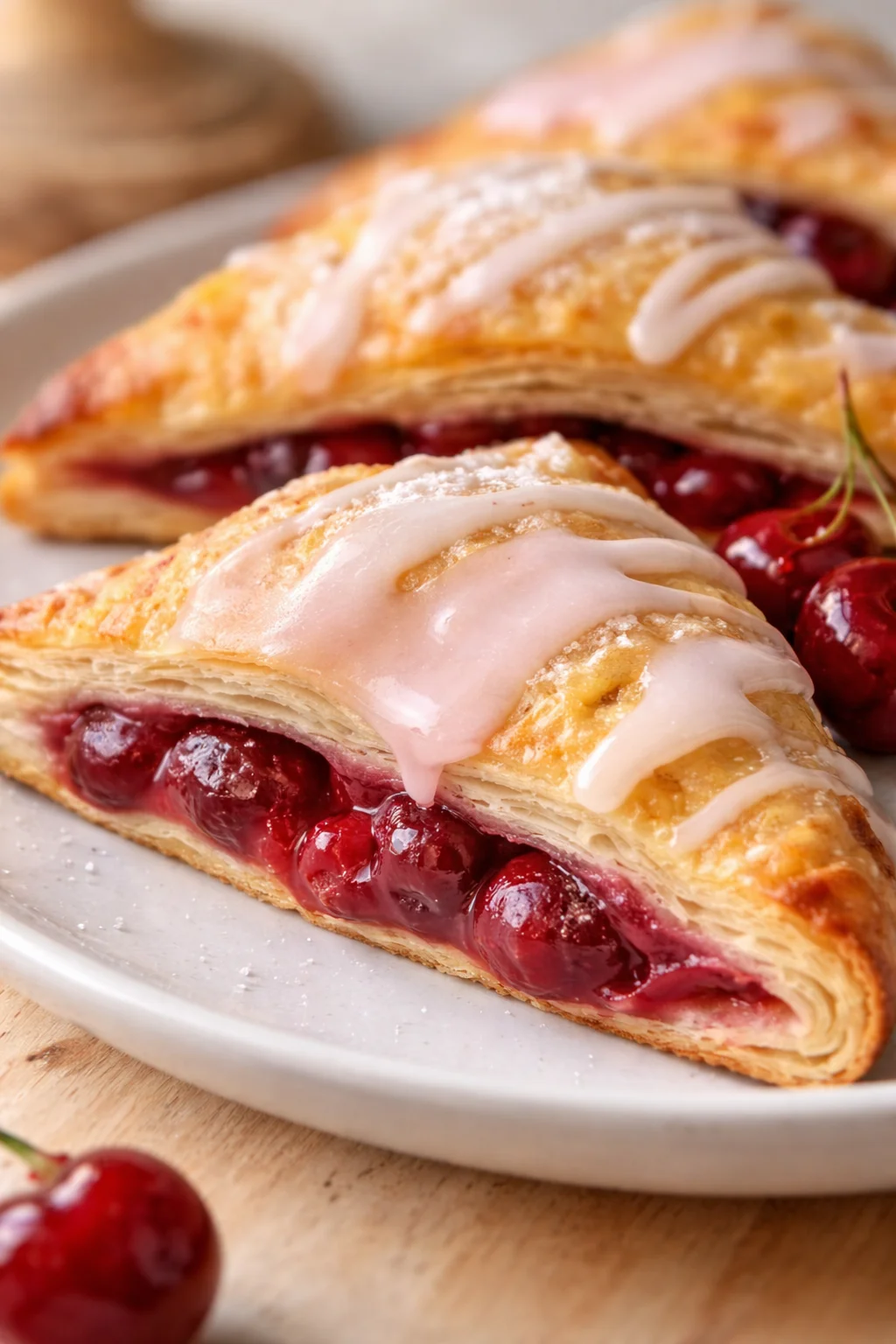 Golden puff pastry turnovers with cherry filling and white glaze on a white plate.