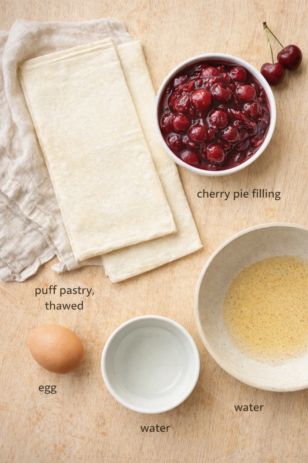 Top-down view of thawed puff pastry sheets, cherry pie filling, egg, and water bowls on a wooden surface.