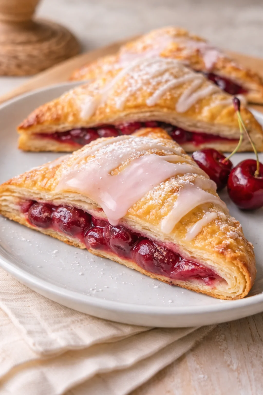 Two cherry-filled puff pastry slices with glaze on a light plate.