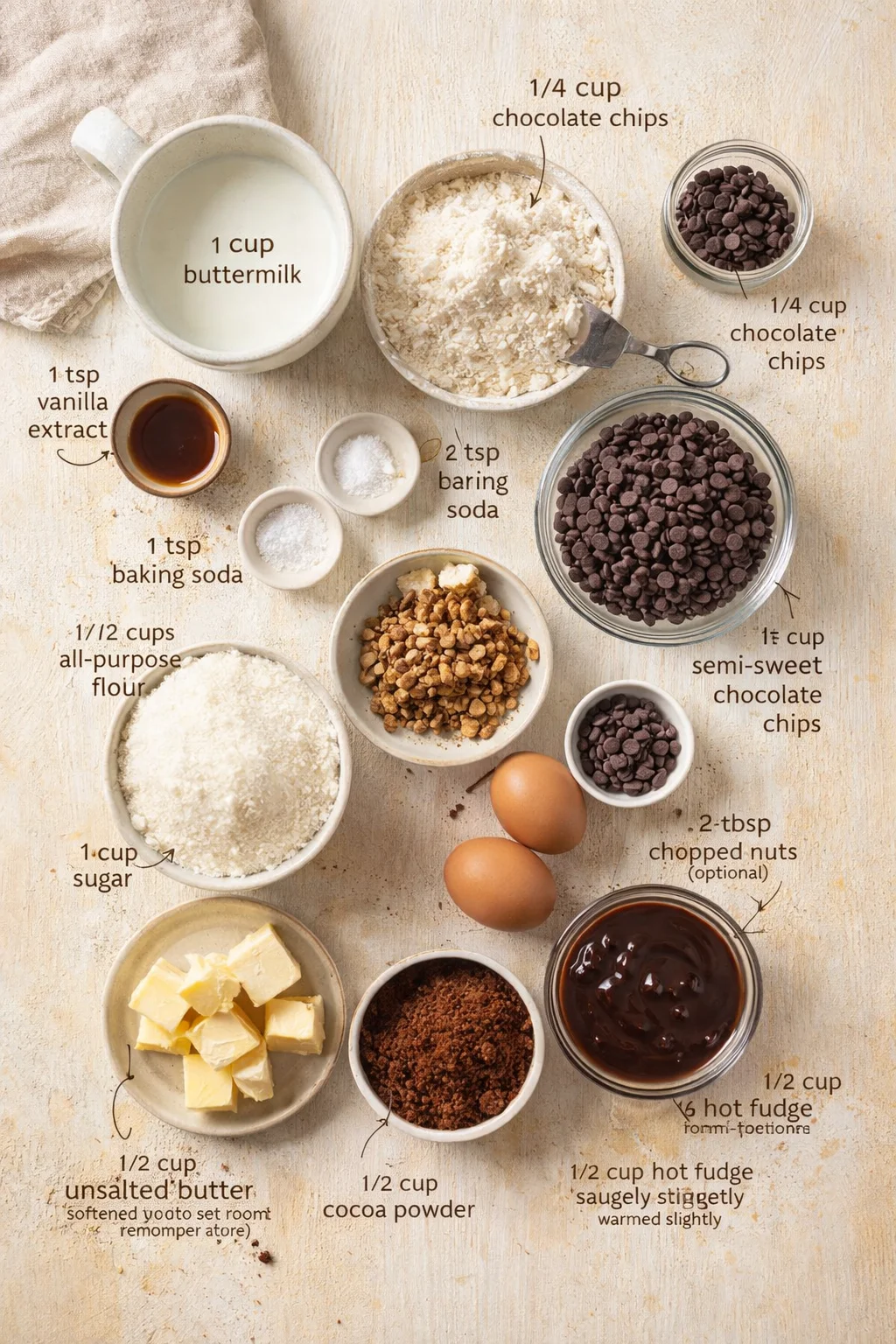 Top-down shot of baking ingredients arranged in bowls with measurement labels on a light wooden surface.