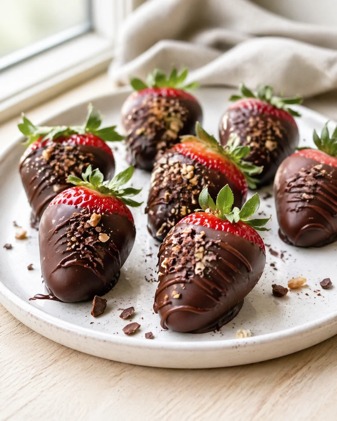 Fresh strawberries half-dipped in dark chocolate with chopped nut toppings on a white speckled plate.