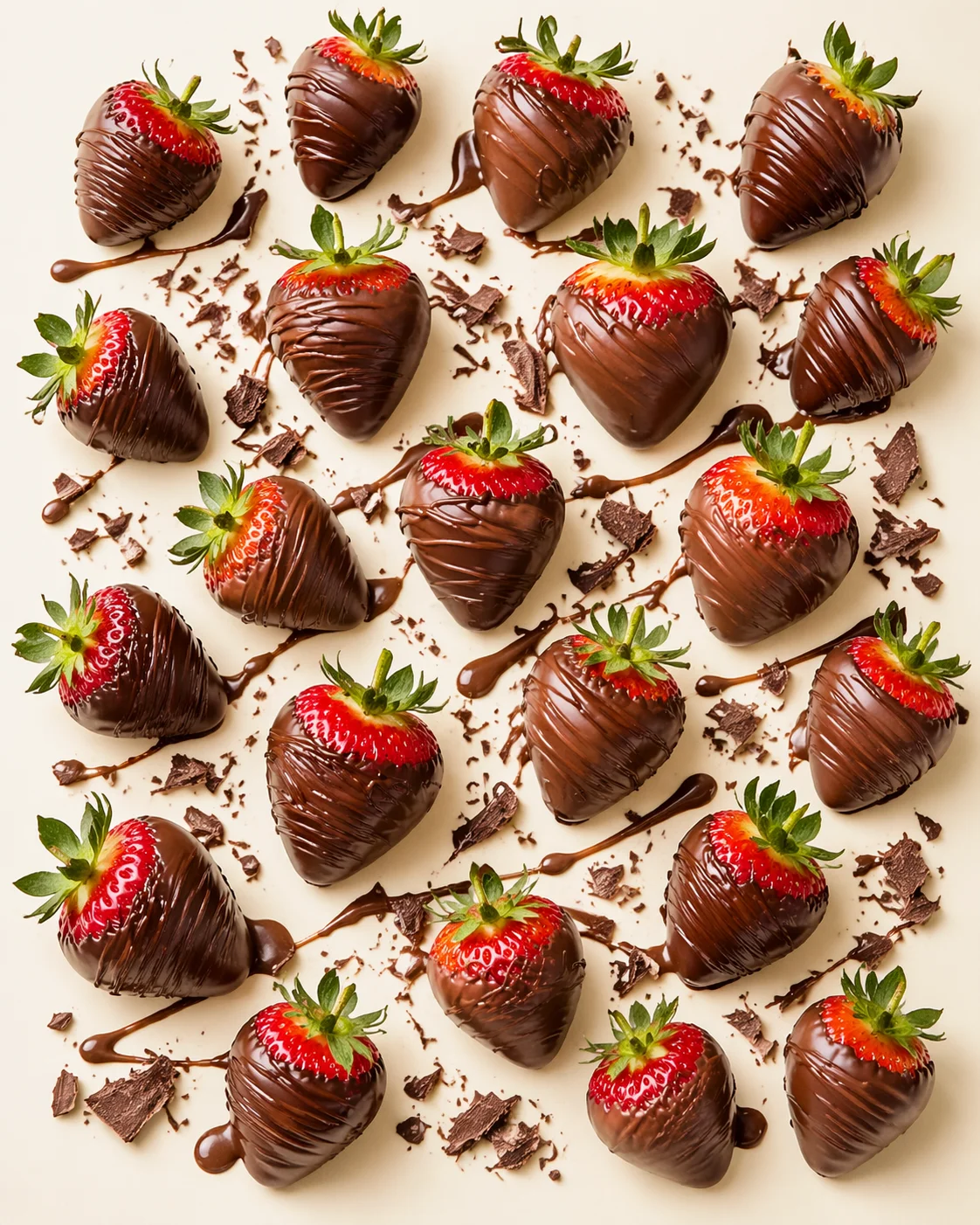 Chocolate-covered strawberries arranged on a pale background with drizzle and shavings