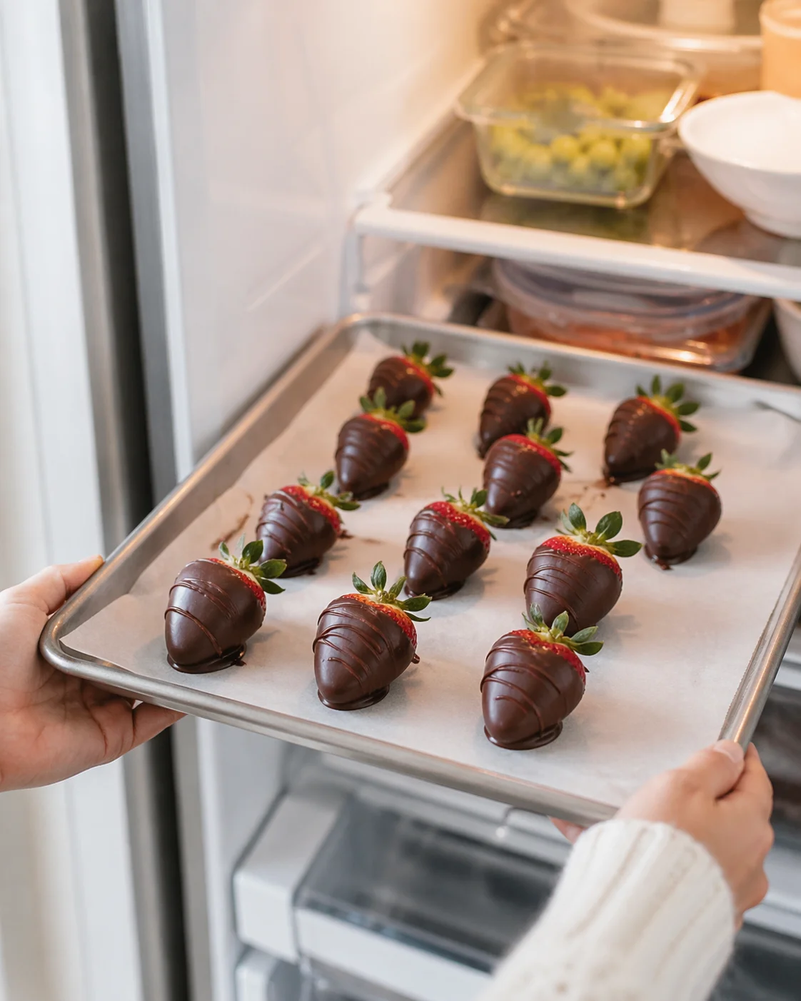 hand-holding a tray of chocolate-dipped strawberries on parchment in a fridge