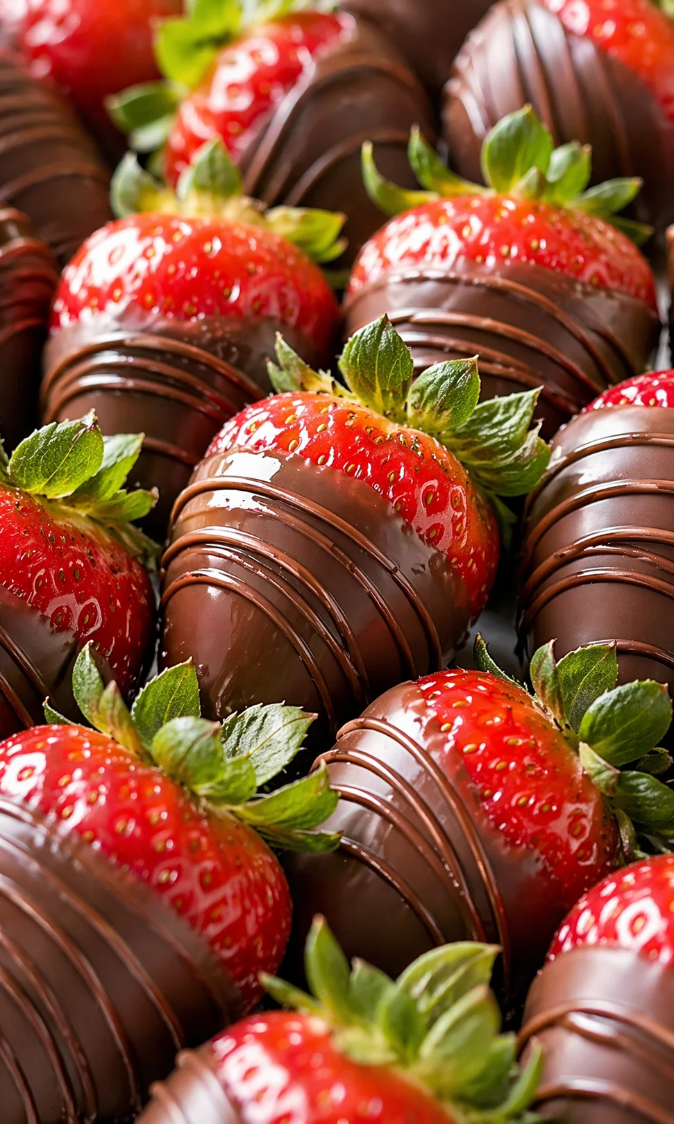 Close-up of glossy chocolate-dipped strawberries with fresh green leaves, tightly packed.