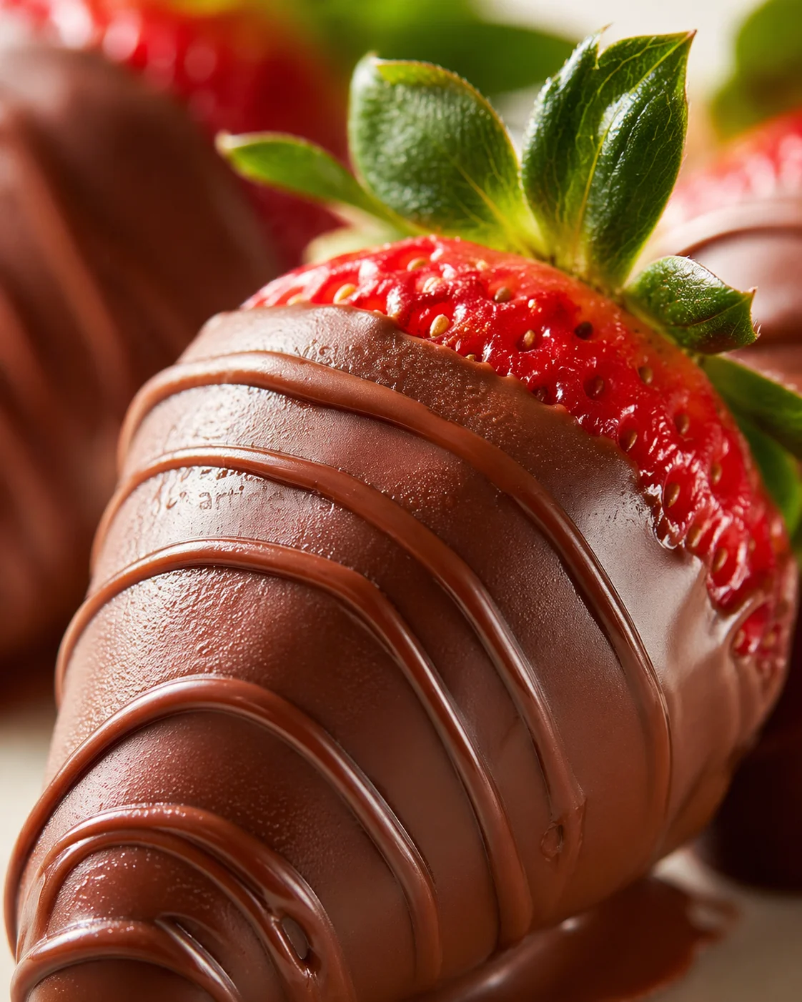 Close-up of a glossy chocolate-dipped strawberry with vibrant green leaves.