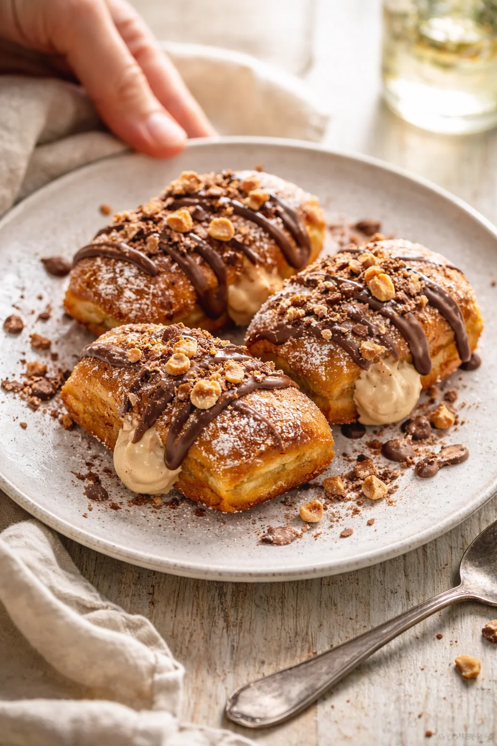 Three cream-filled pastries topped with chocolate drizzle and crushed nuts on a rustic gray plate.