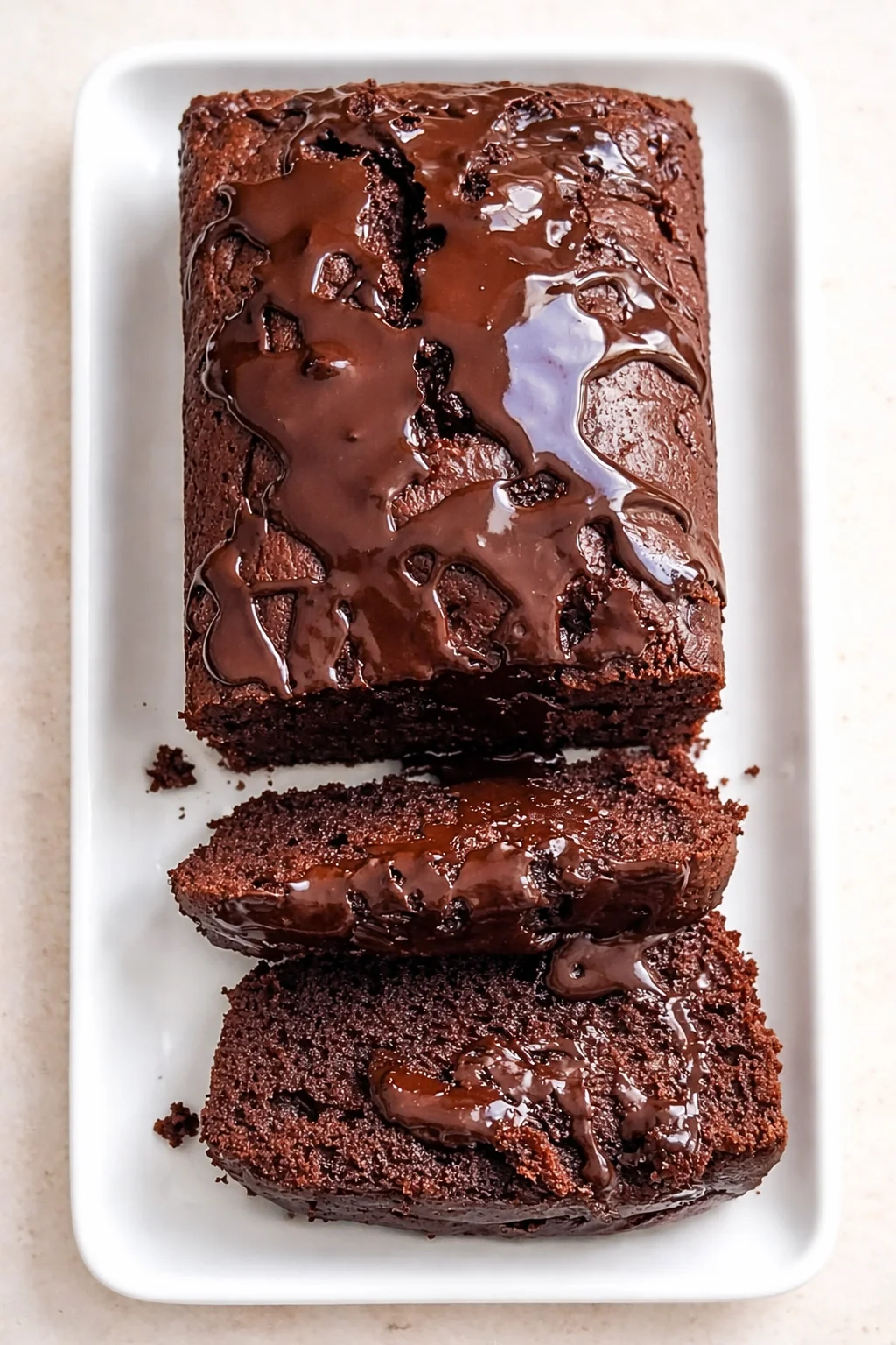 A rich chocolate brownie loaf cake sits on a white rectangular plate, glossy ganache dripping over the top.