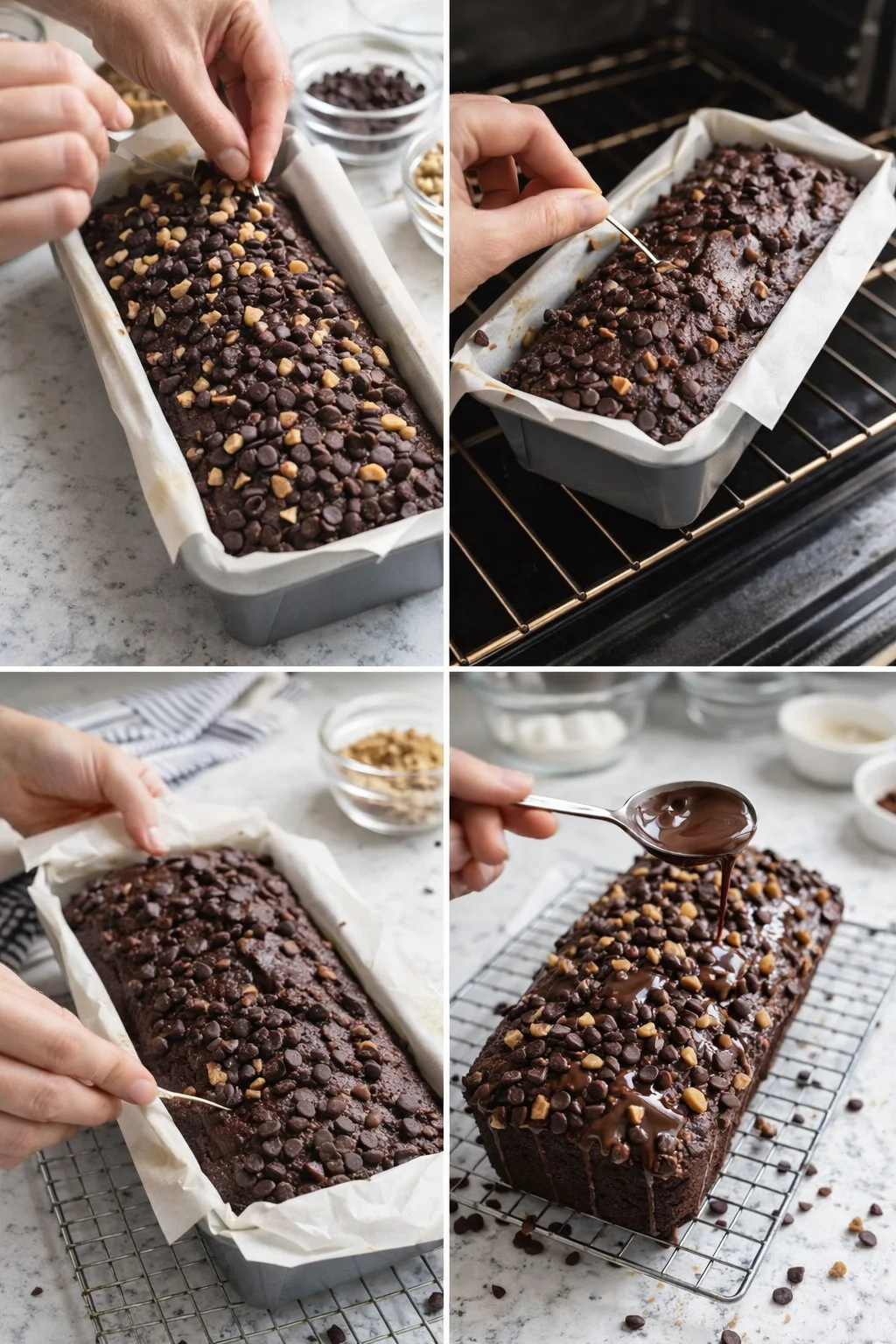 collage showing a chocolate loaf cake being prepared with nuts and chips, baked, and drizzled with chocolate.