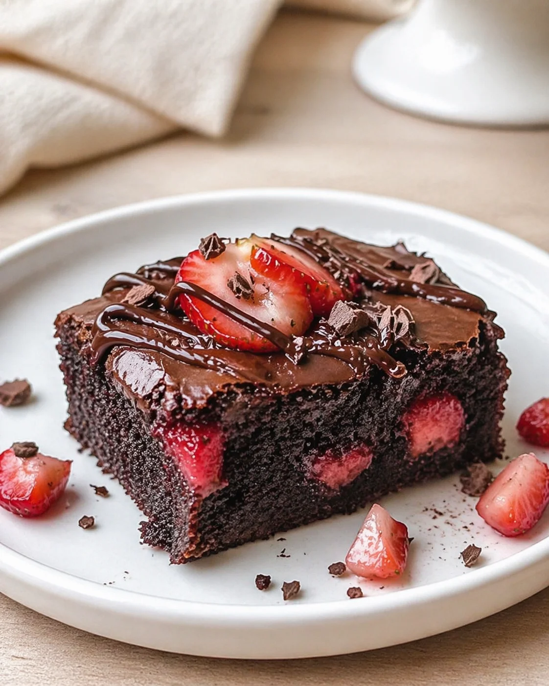 A thick chocolate brownie square with strawberry pieces, ganache, and chocolate drizzle on a white plate.