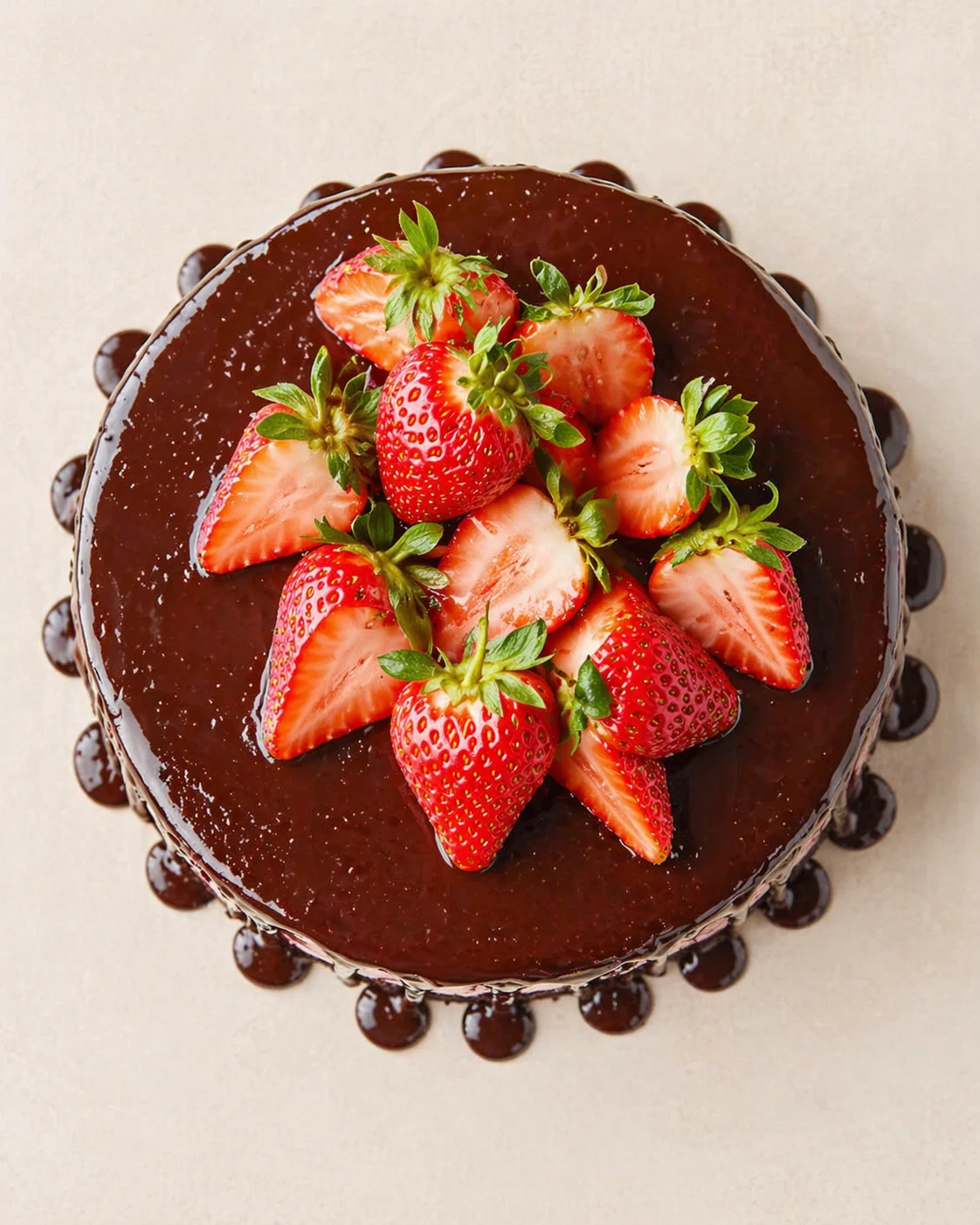 Round chocolate cake with glossy ganache topped with fresh strawberries and green leaves
