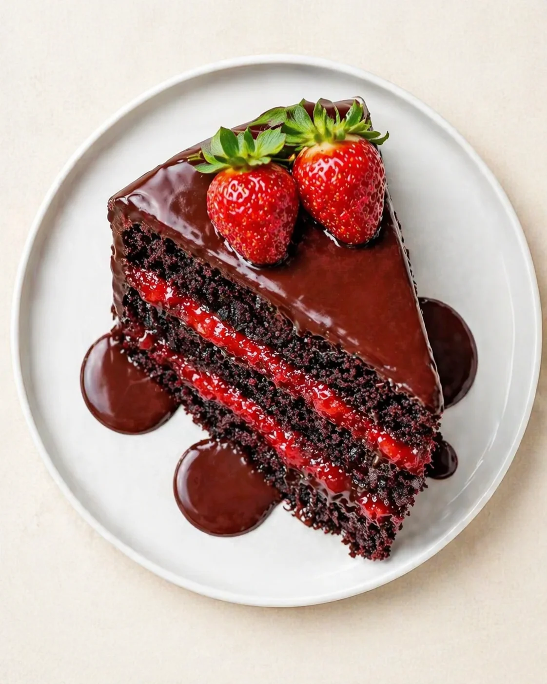 slice of rich chocolate cake with strawberry filling and fresh berries on a white plate