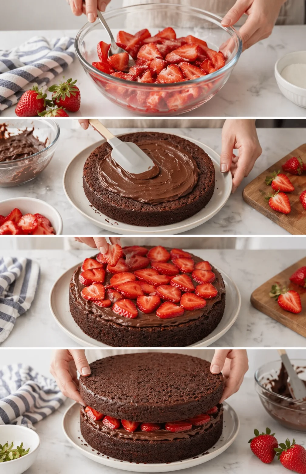 Multi-panel collage showing strawberry prep, frosting spreading, and chocolate-cake topping