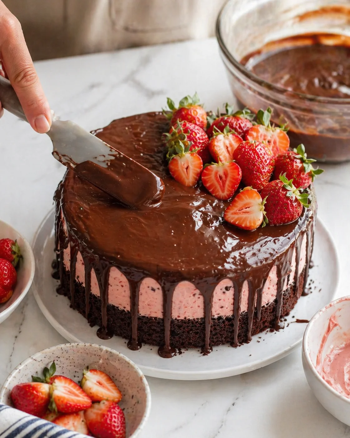 hand spreading glossy chocolate ganache over a strawberry-layer cake topped with fresh strawberries