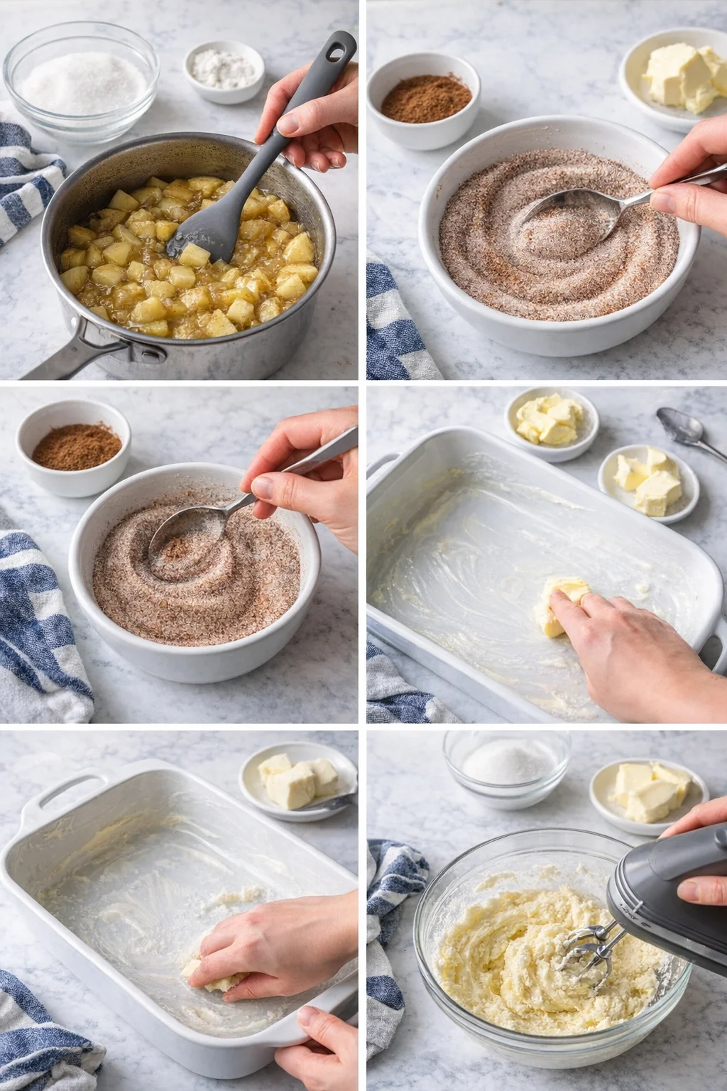 multi-panel collage showing step-by-step cinnamon-apple-bar preparation with apples, cinnamon-sugar, crust, batter, and frosting