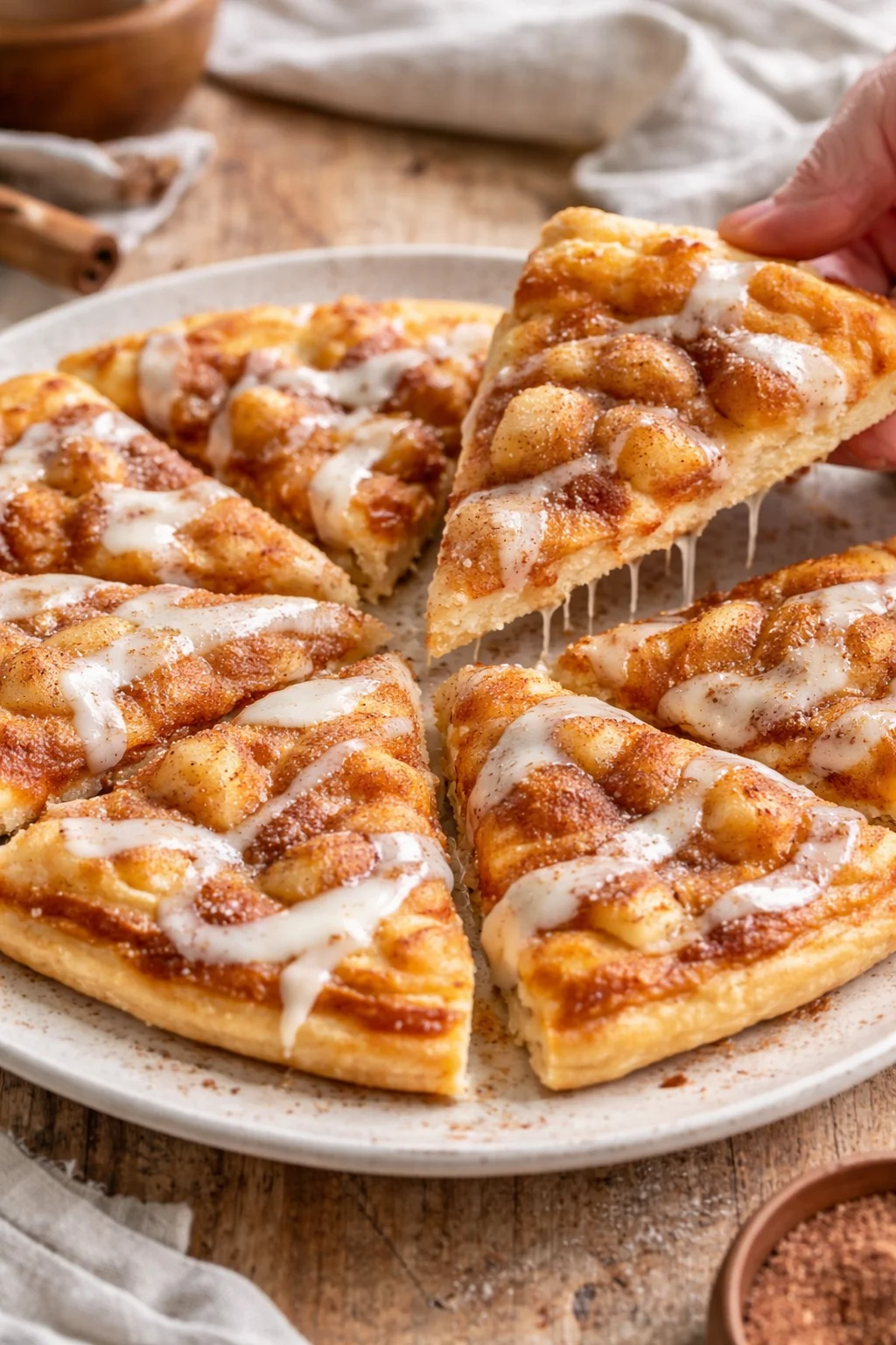 warm plate of cinnamon roll pull-apart slices with white icing on rustic wooden table