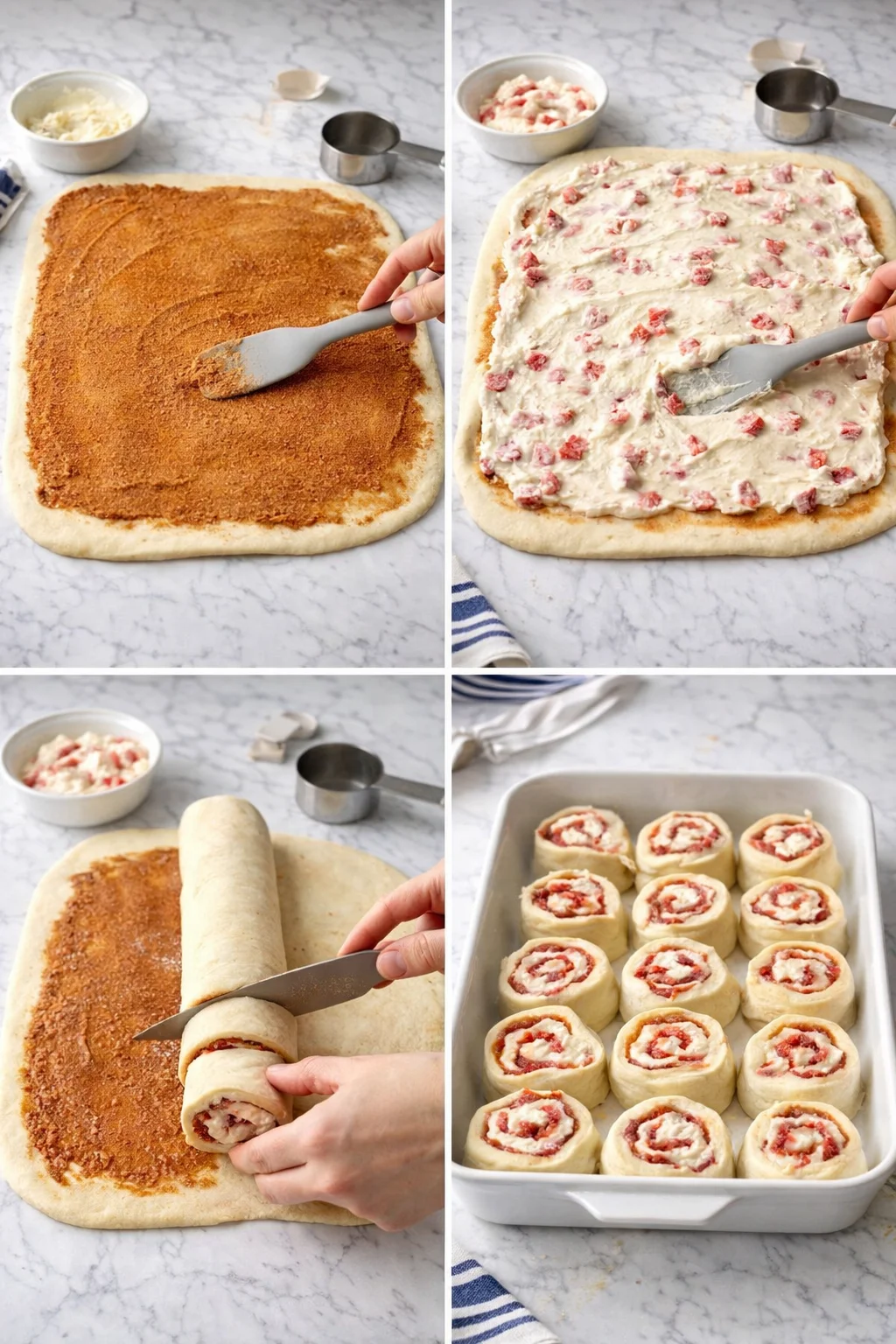 collage showing cinnamon-roll preparation: spread, filling, roll, and tray of sliced rolls