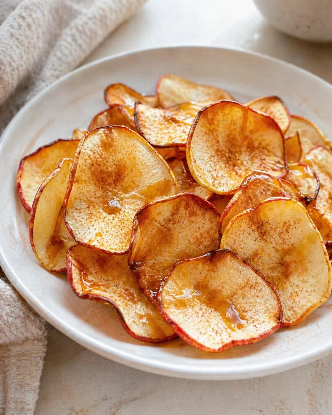 Thin apple chips with cinnamon sprinkled, arranged in a white ceramic bowl