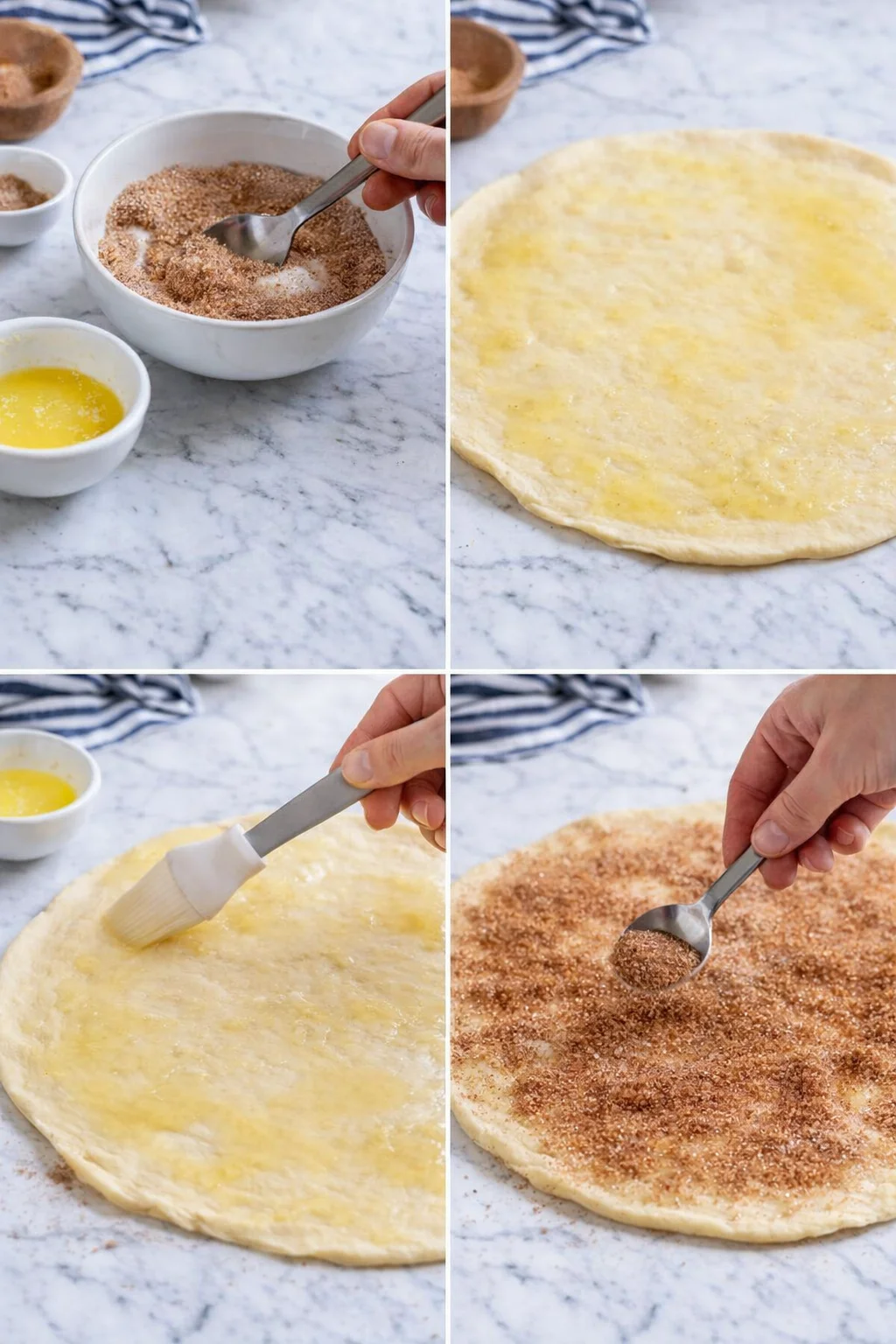 four-panel collage on a marble countertop showing mixing cinnamon-sugar, rolling dough, brushing butter, and topping with sugar