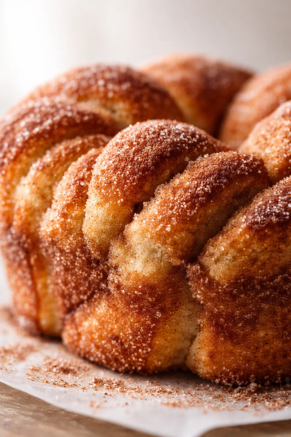 Close-up of golden-brown cinnamon-sugar monkey bread knots on parchment paper