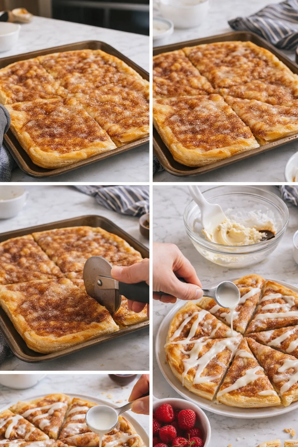six-panel collage of cinnamon-sugar pull-apart bread being prepared and glazed