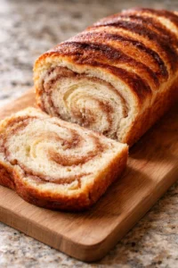close-up of a cinnamon-swirled loaf with a slice cut on a wooden board