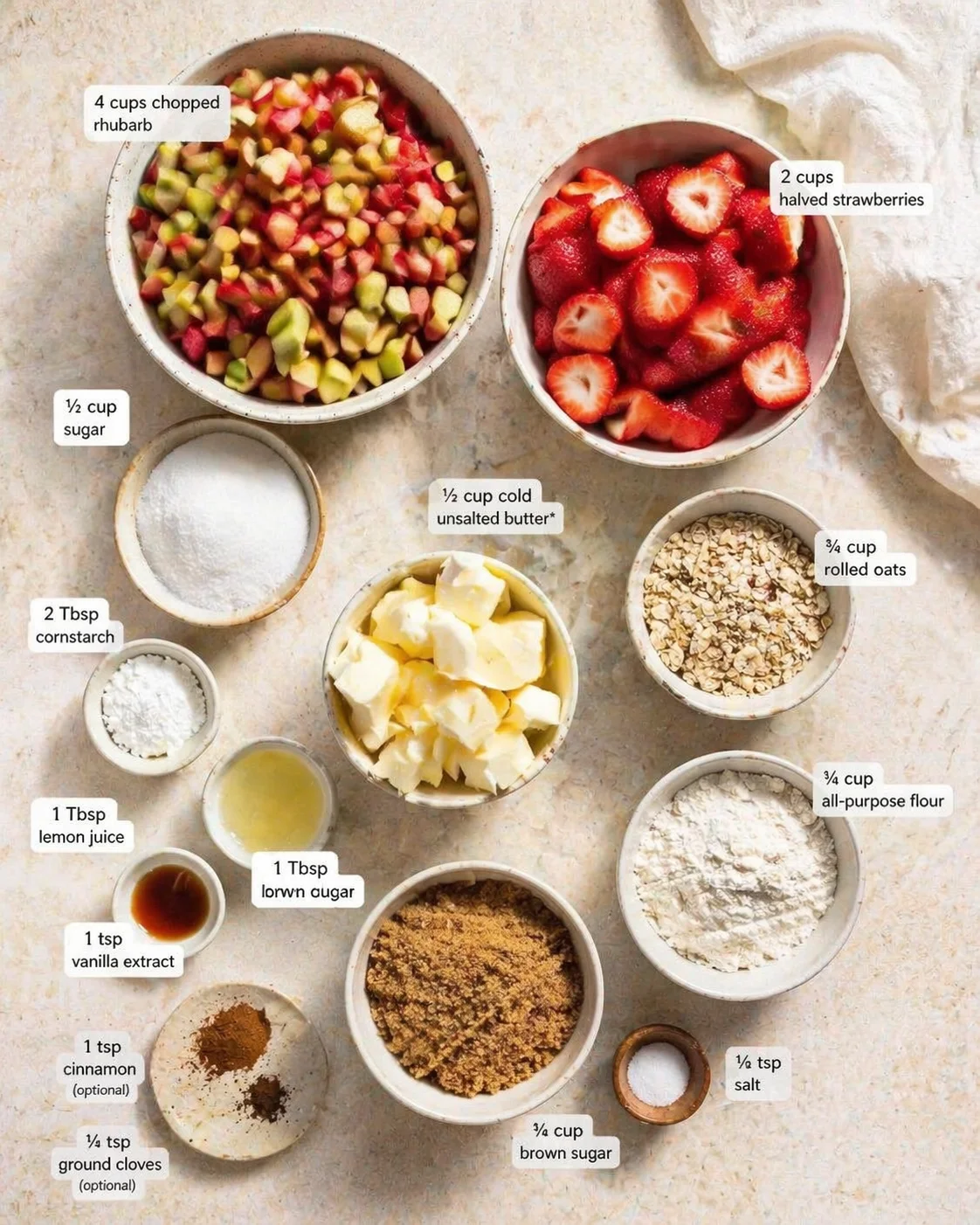 Top-down view of ingredient bowls with labels showing measurements for rhubarb, strawberries, butter, sugar, oats, and flour.