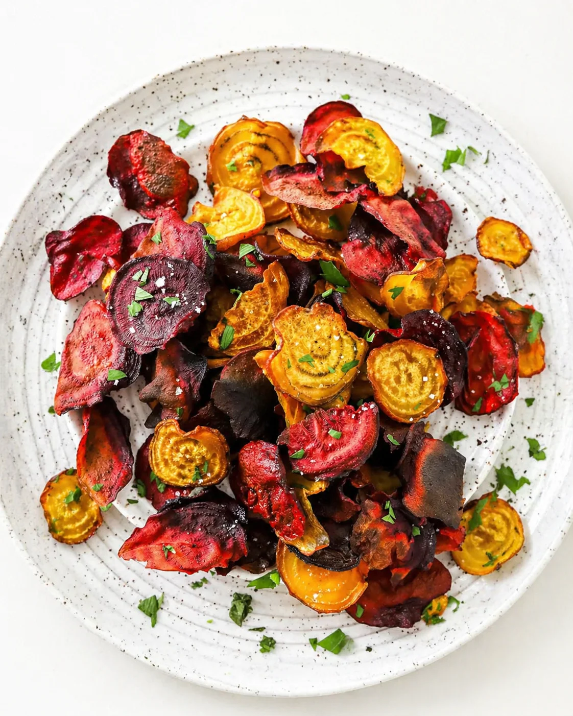 Plate of colorful roasted beet, carrot, and yellow squash chips with parsley