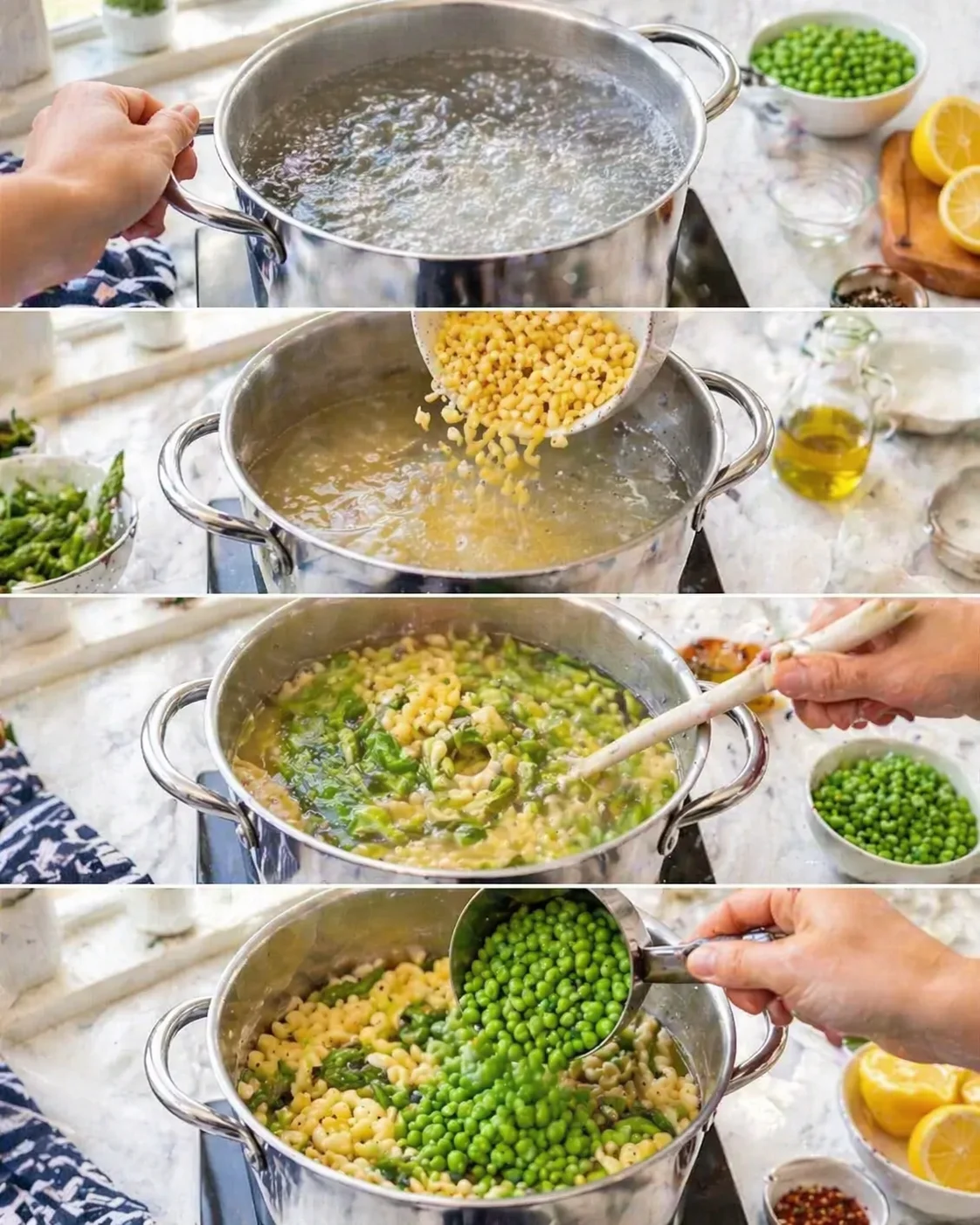 Four-panel collage shows a pot on the stove being filled with corn, peas, and greens.