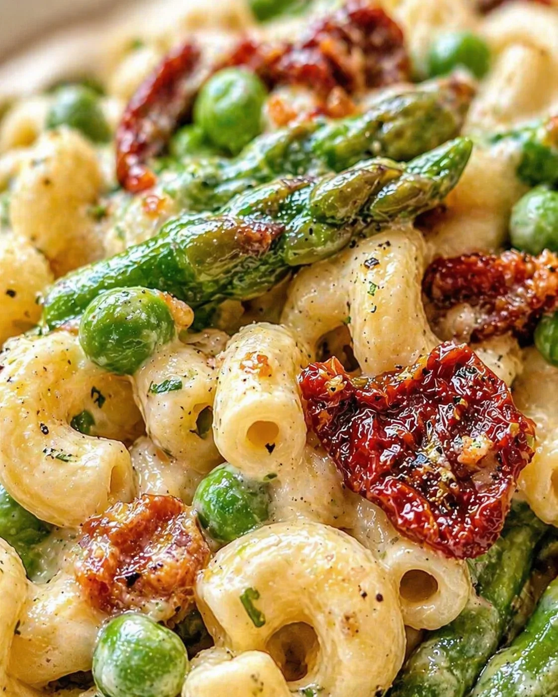 Close-up of creamy pasta with peas, asparagus, and sun-dried tomatoes in a herbed sauce.