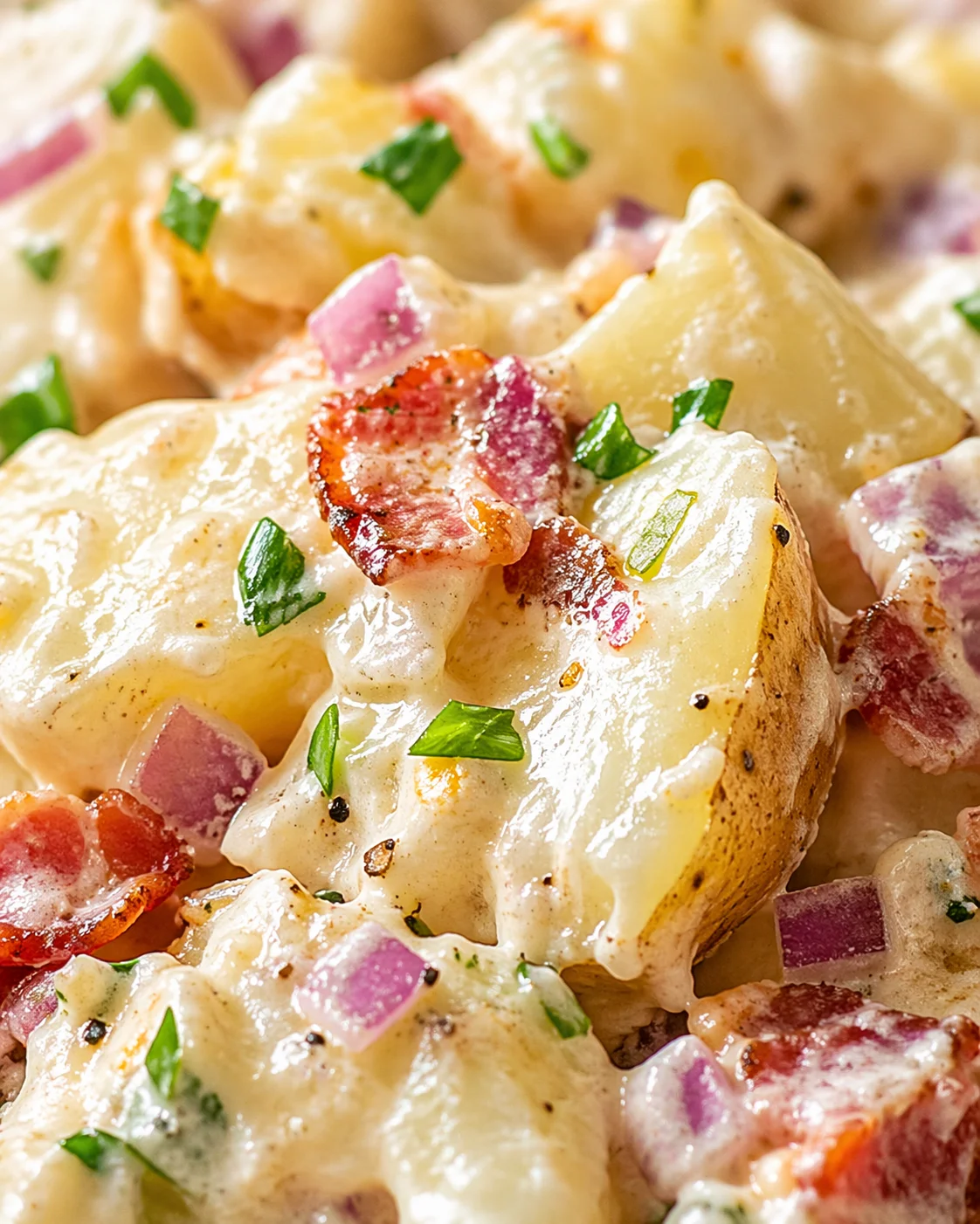 close-up of creamy potato salad with bacon bits, red onion, and chopped green herbs