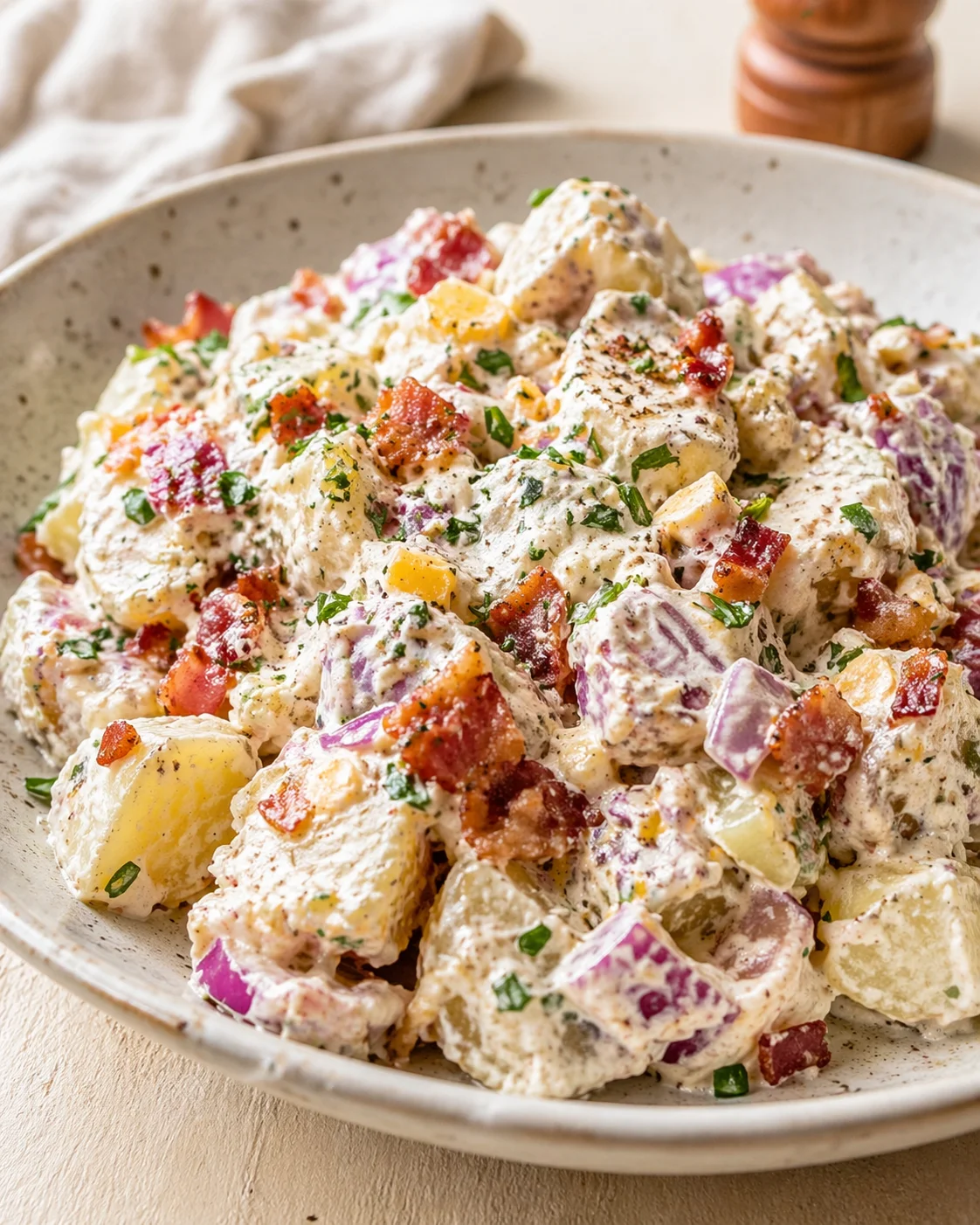 Creamy potato salad with bacon, red onion, and chopped herbs in a speckled ceramic bowl