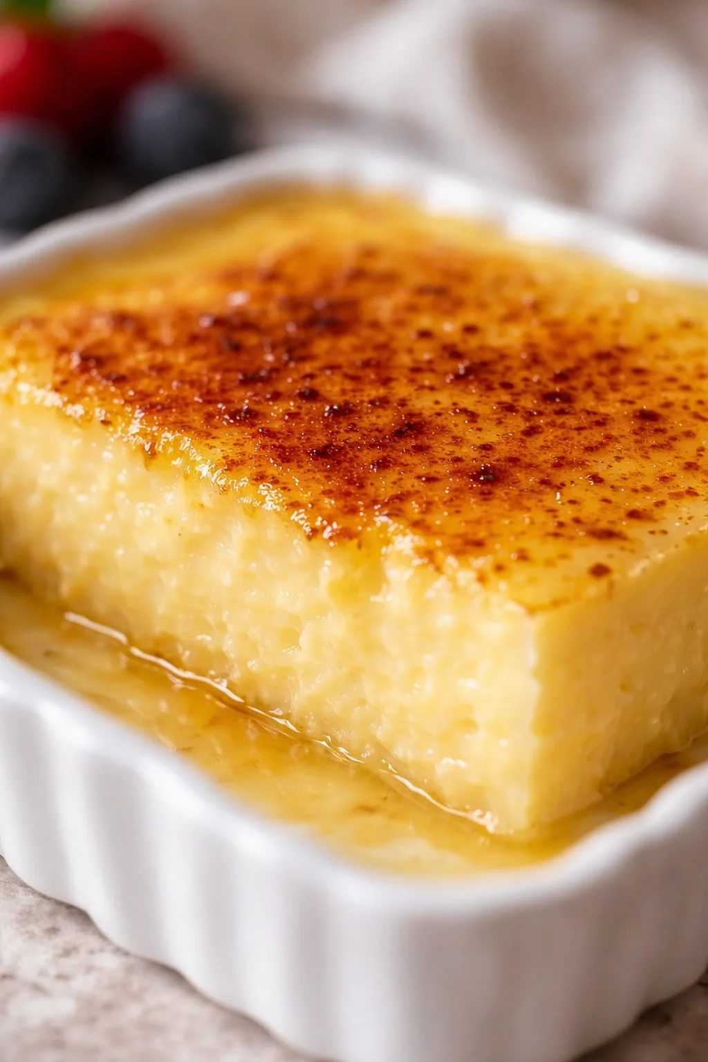 Caramel-topped baked custard in a white ramekin with syrup around the base.