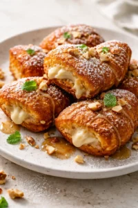 Golden brioche buns filled with creamy center, dusted with sugar, and topped with nuts and mint.