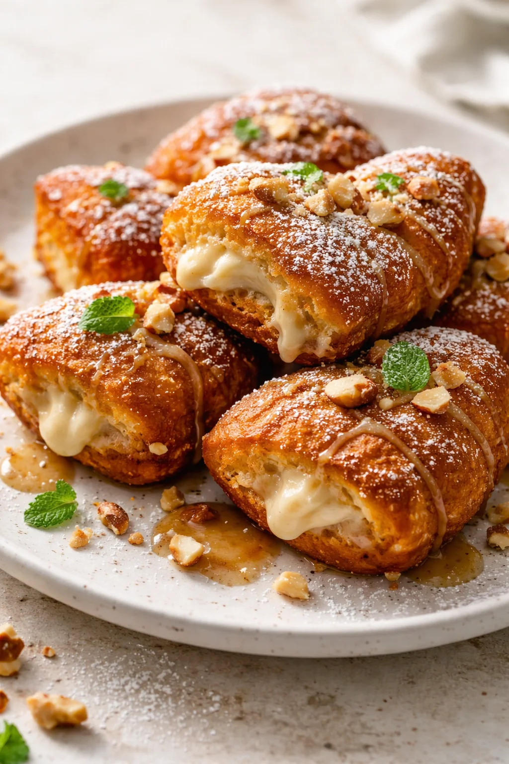 Golden brioche buns filled with creamy center, dusted with sugar, and topped with nuts and mint.