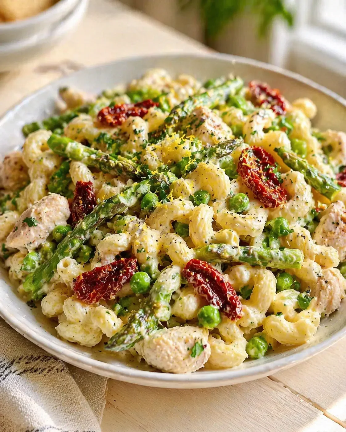 Creamy pasta with chicken, peas, asparagus, sun-dried tomatoes, and lemon zest on a plate.