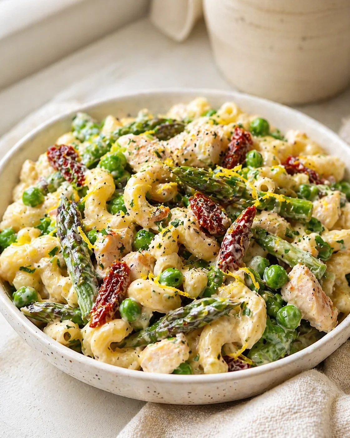 creamy chicken pasta with peas, asparagus, and sun-dried tomatoes in a speckled bowl