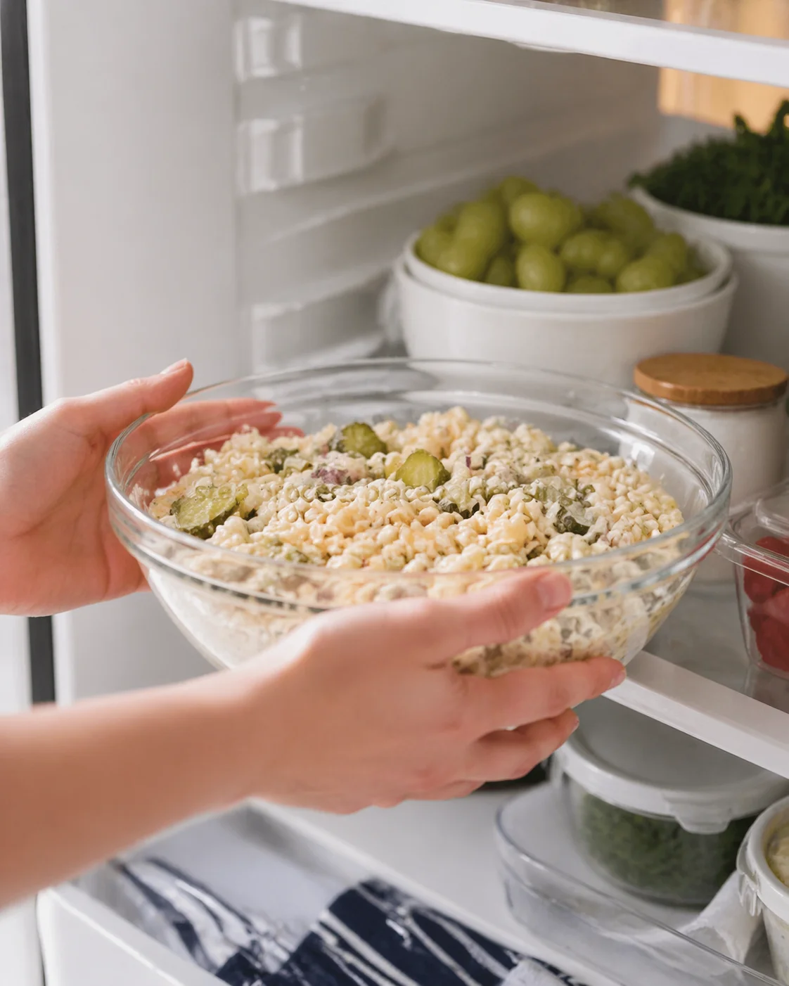 Hands cradle a glass bowl of creamy corn salad with pickles and herbs in a fridge