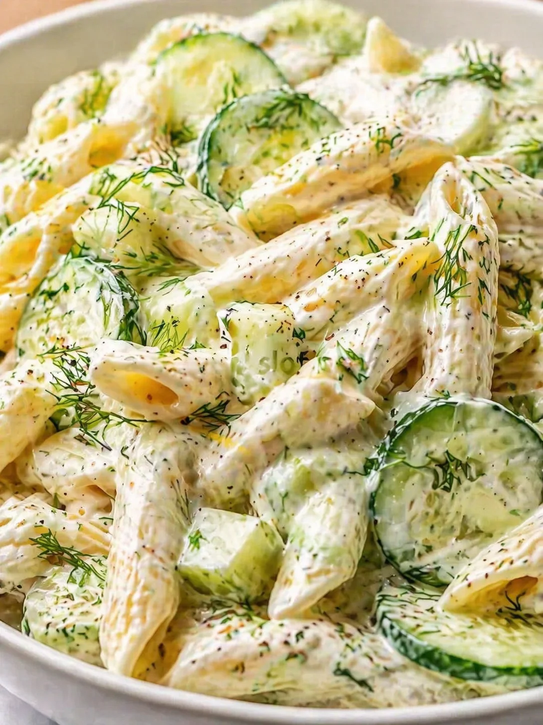 Creamy potato salad with cucumber slices and dill in a white bowl