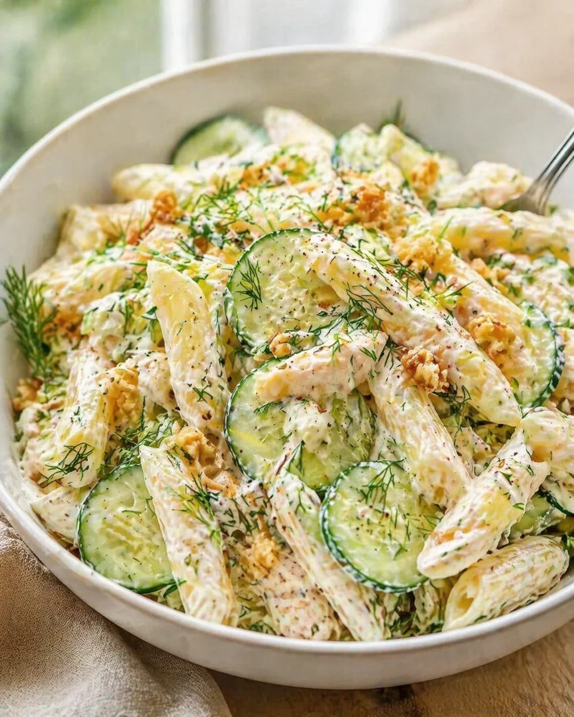 bowl of creamy cucumber pasta salad with dill and cucumber slices