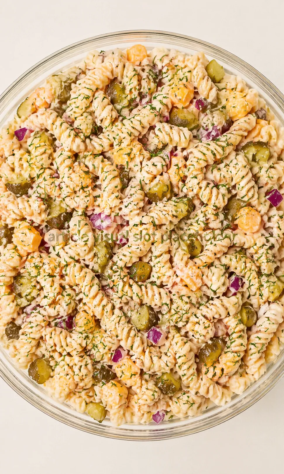 bowl of creamy pasta salad with dill, pickles, red onion and carrots